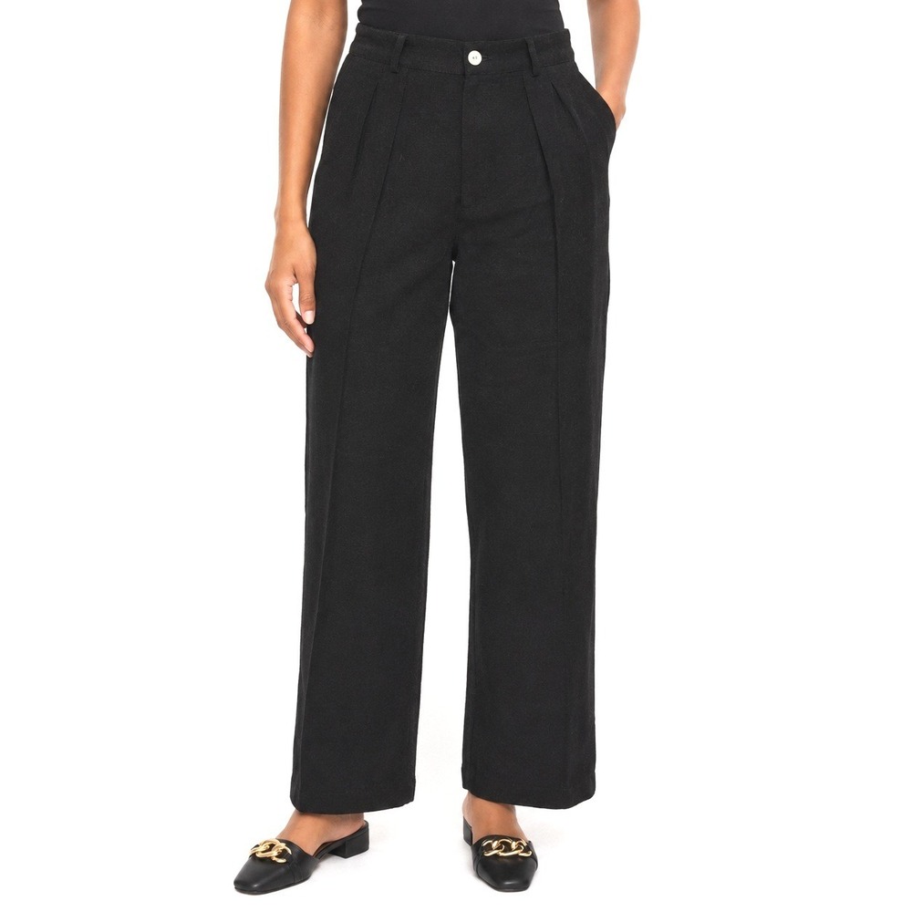 70s Vintage Pleated Linen Pants Womens 8 Black High Waist Straight Leg Casual